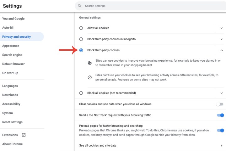 La possibilité de bloquer les cookies tiers dans Google Chrome.