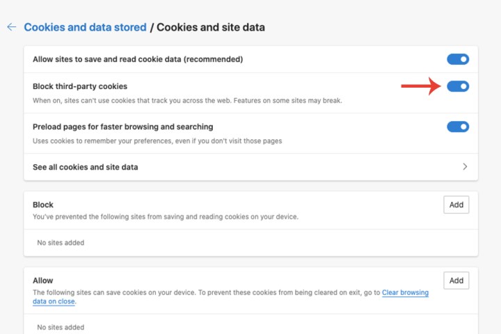 Opción para bloquear cookies de terceros en Microsoft Edge.