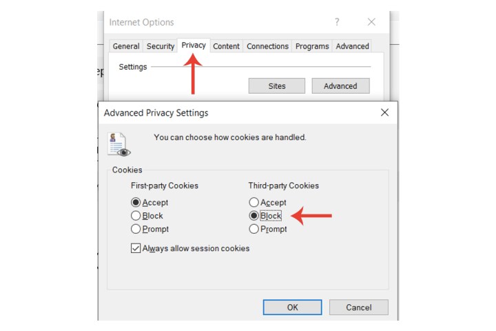 گزینه Block Third-Party Cookies در اینترنت اکسپلورر.