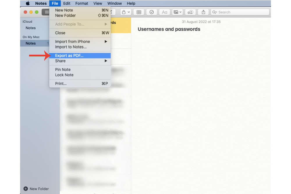 La opción de exportar una nota como PDF en Mac.