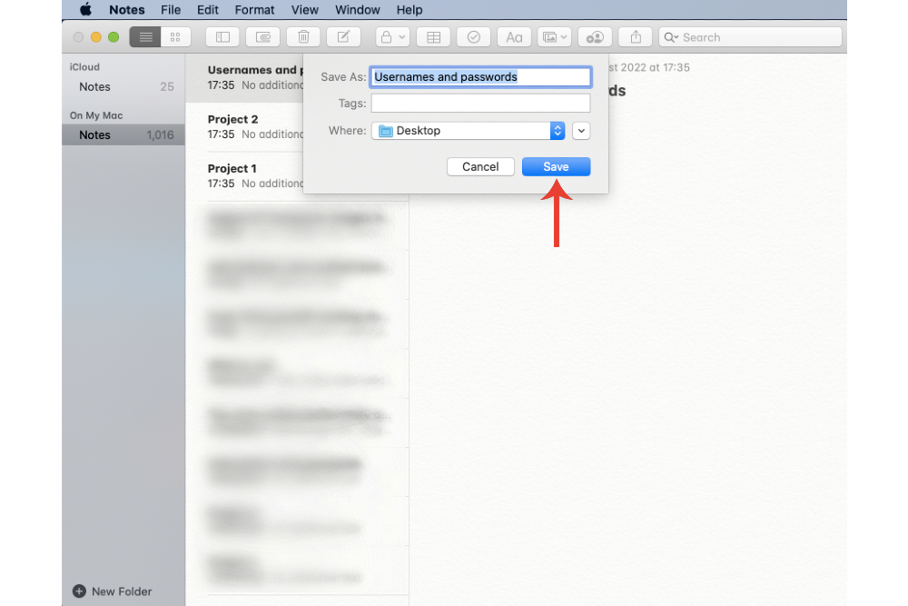 Establecer una descripción para una nota que se exportará como PDF en Mac.