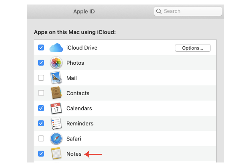 Ativando o aplicativo Notas para ser conectado ao iCloud no Mac.