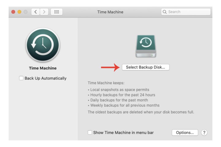 The Select Backup Disk button for Time Machine on Mac.