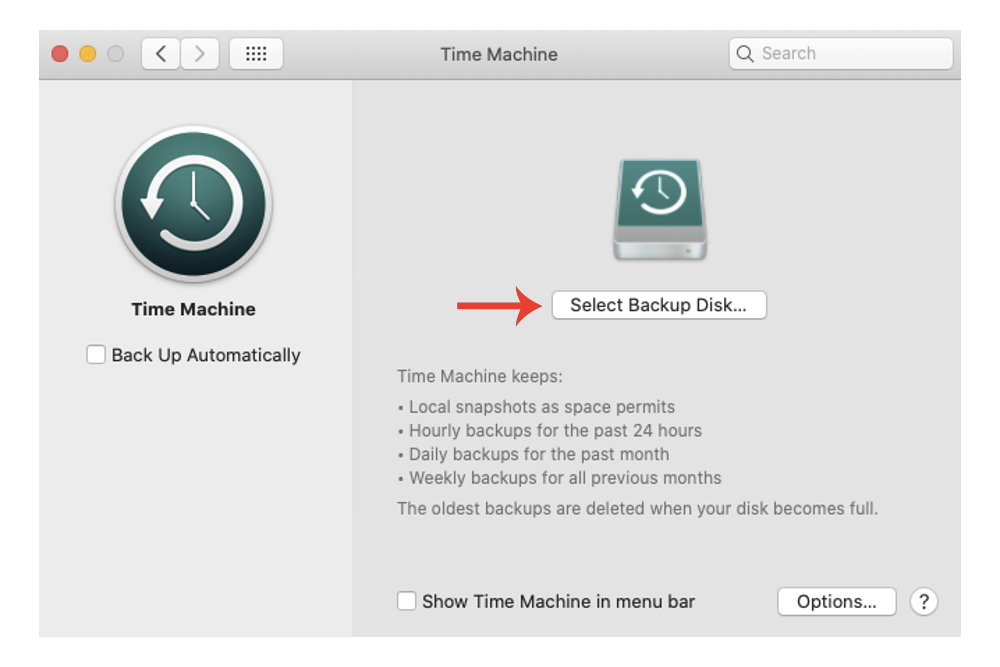 O botão Selecionar disco de backup para o Time Machine no Mac.