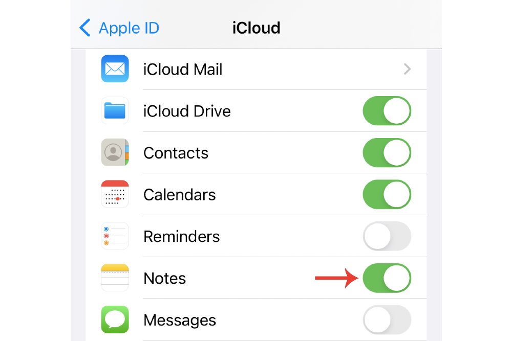 Habilitación de la aplicación Notas para conectarse a iCloud en iPhone.