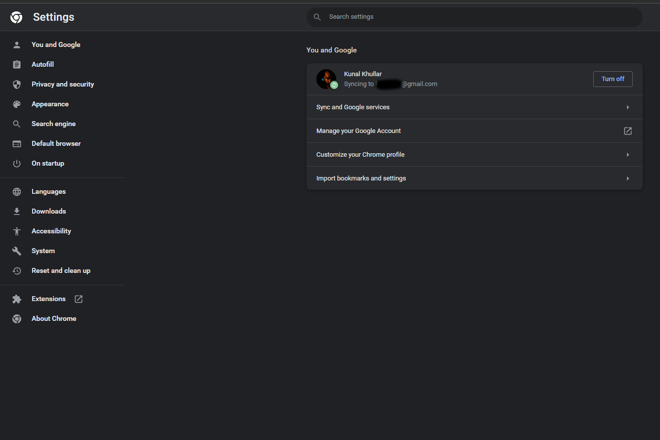 Screenshot of Google Chrome Settings menu.