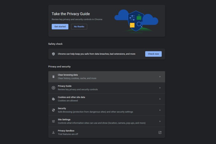 Captura de tela das configurações de privacidade e segurança do Google Chrome.