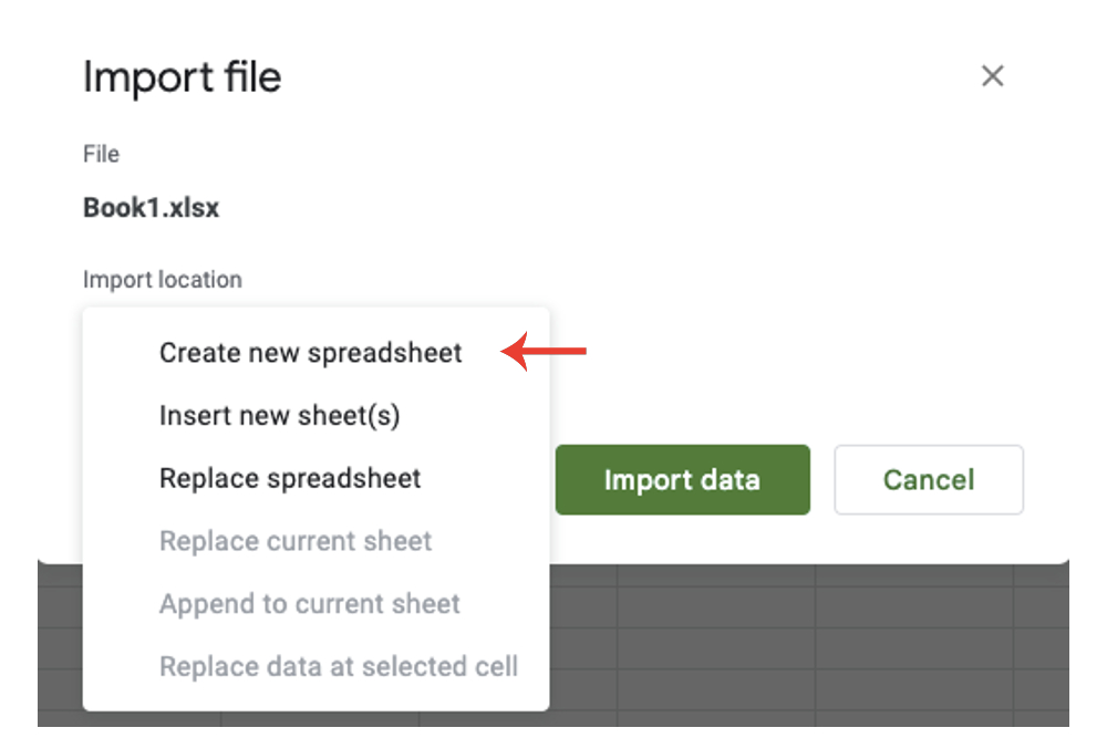 Elegir una ubicación de importación para un archivo de Excel en Hojas de cálculo de Google.