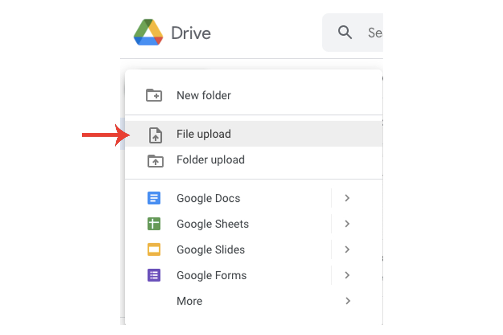 El botón de carga de archivos en Google Drive.