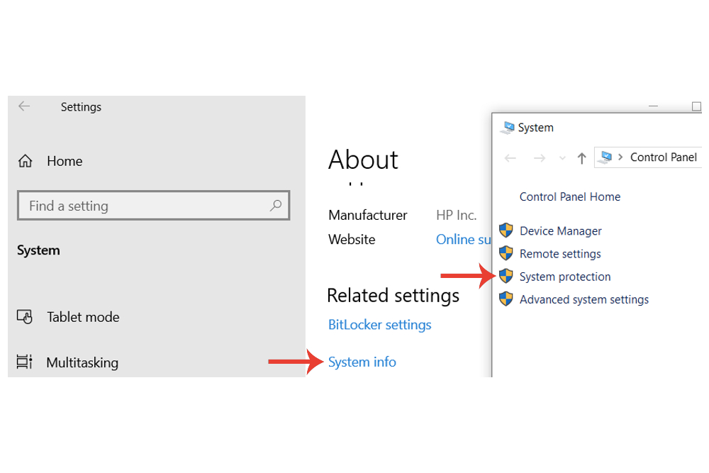 The System protection option on Windows 10.
