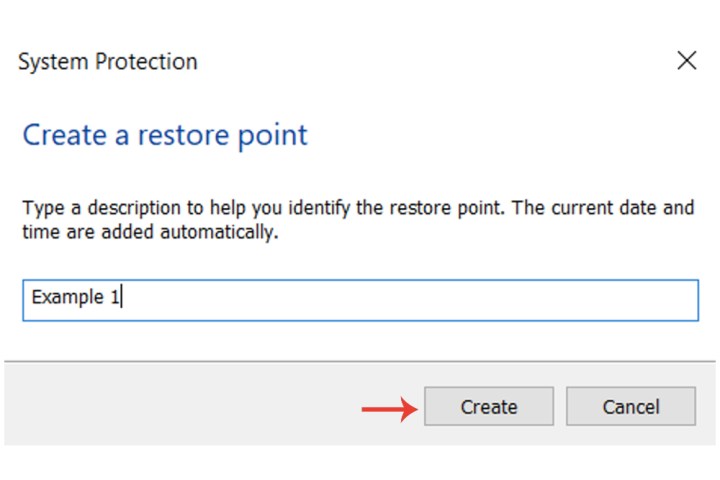 Entering a name to identify a system restore point on Windows 10.