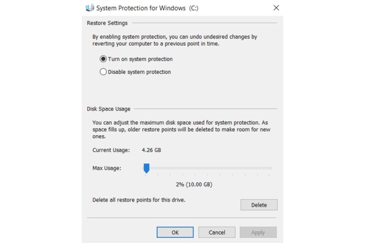 The configuration options for system restore points on Windows 10.