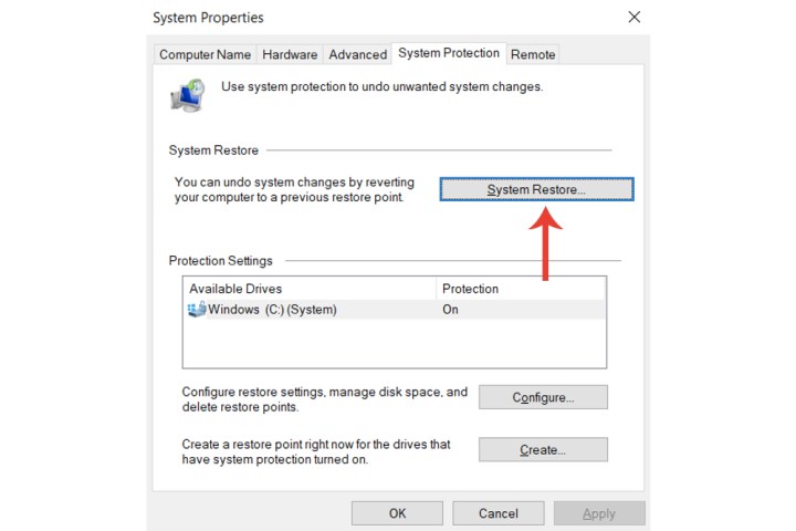 The System Restore button on Windows 10 for accessing and activating system restore points.