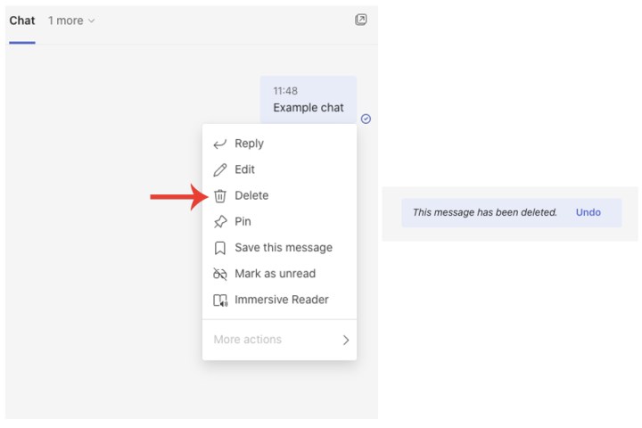 The Delete option on Microsoft Teams for deleting messages within a chat.