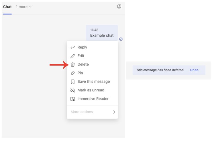 चैट के भीतर संदेशों को हटाने के लिए Microsoft Teams पर डिलीट विकल्प।