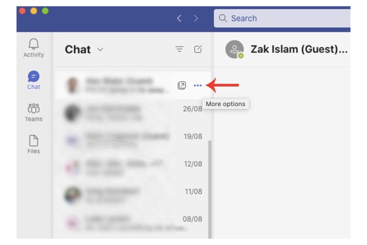The More options setting on Microsoft Teams for conversations.
