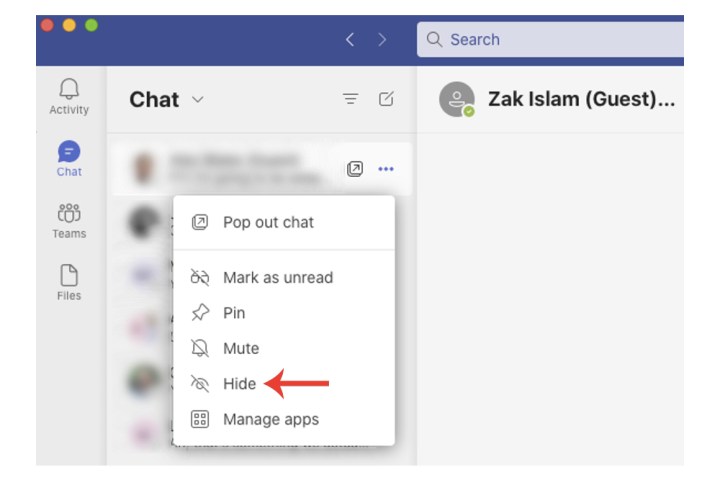 The Hide option for hiding a chat from the Chats sidebar on Microsoft Teams.