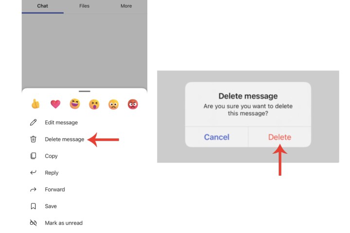 Deleting messages on Microsoft Teams for iPhone.