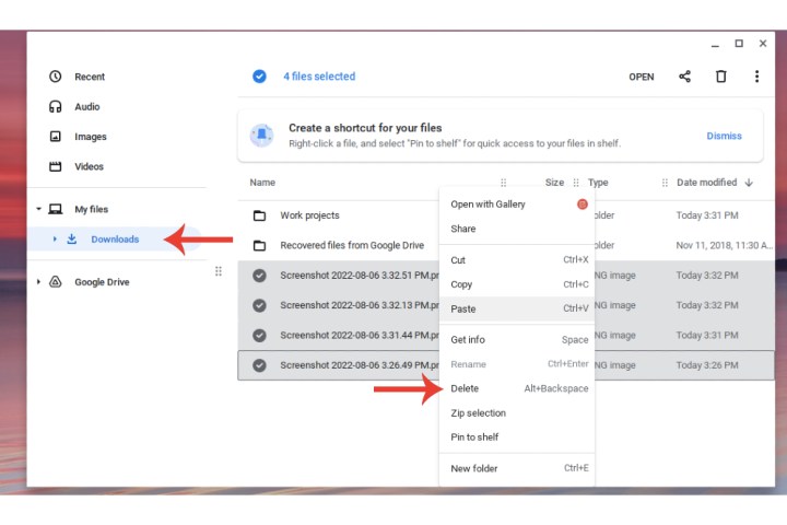 从 Chromebook 上的“下载”文件夹中删除文件。