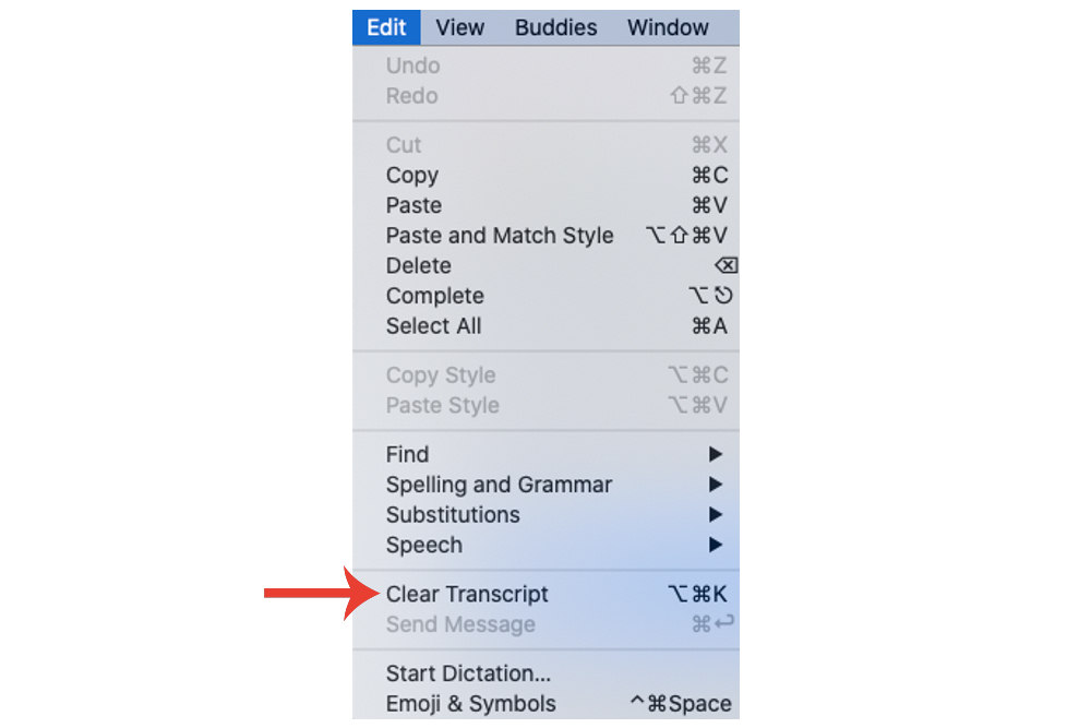 La opción Borrar transcripción para Mensajes en Mac para eliminar todos los mensajes dentro de un hilo de texto específico.