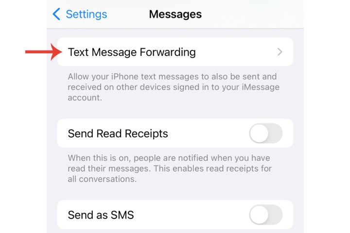 The Text Message Forwarding option on iPhone.