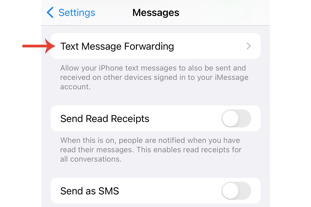 La opción de reenvío de mensajes de texto en iPhone.