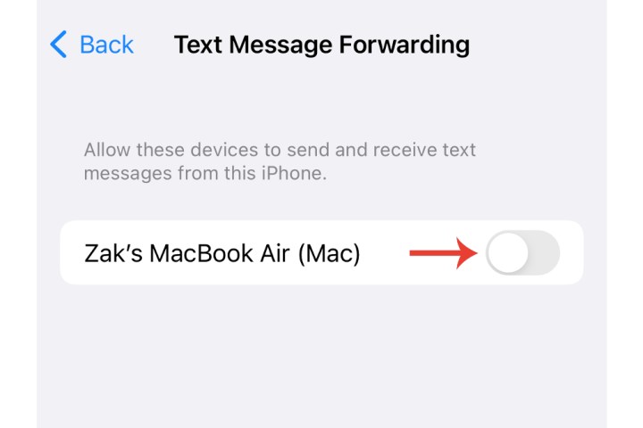 Enabling text message forwarding on iPhone for a Mac.
