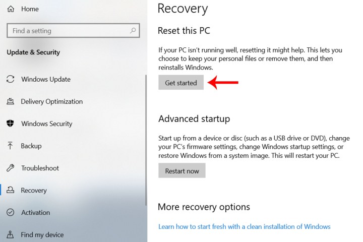 The Reset this PC Get started button in Windows 10.