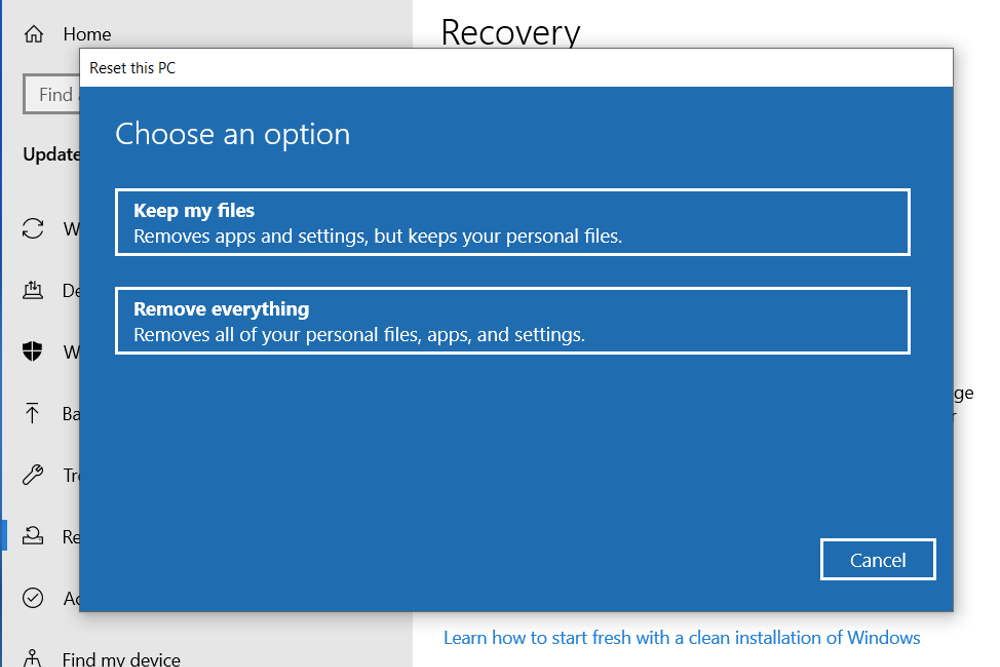 As diferentes opções de redefinição no Windows 10.