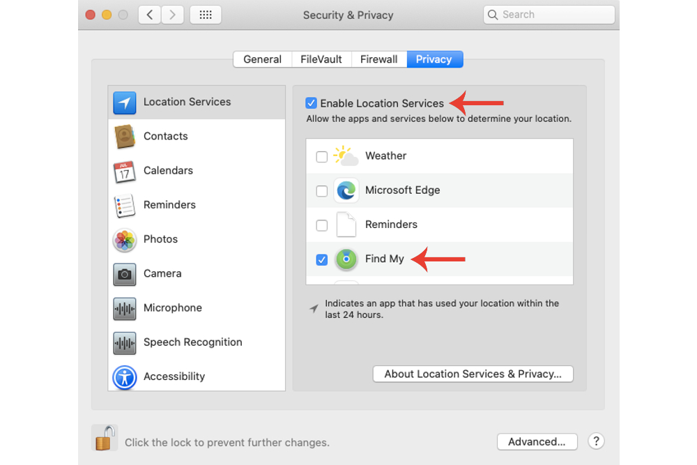 The “Turn on location services” box on Mac.