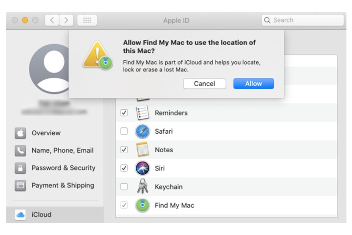 Enabling the Find My Mac feature on Mac.