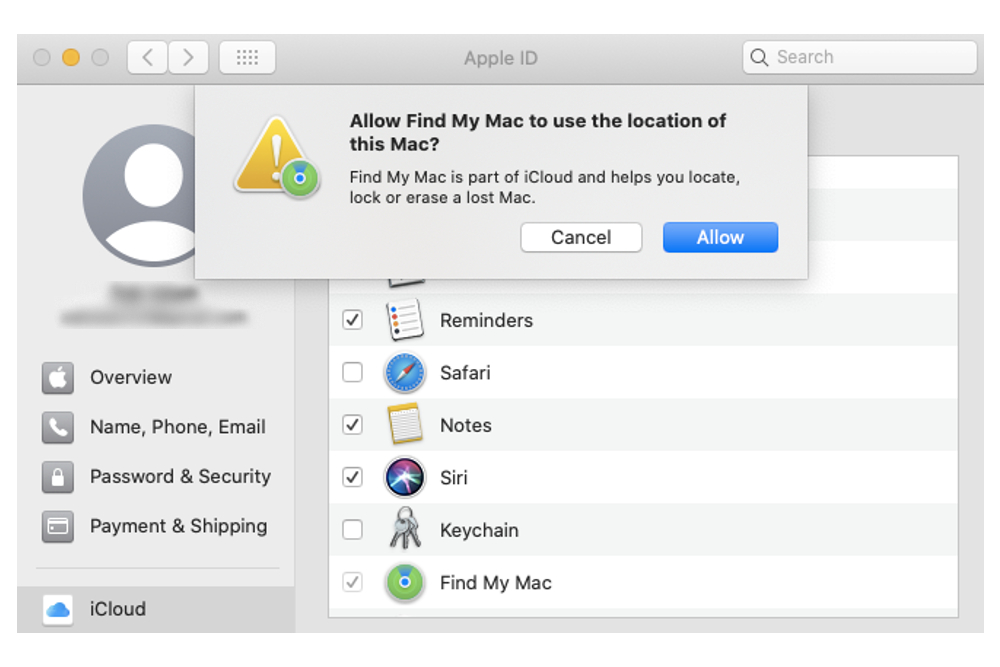 Ativando o recurso Find My Mac no Mac.