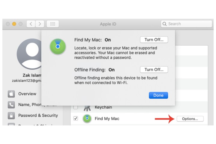 The offline Find My Mac search feature on Mac.