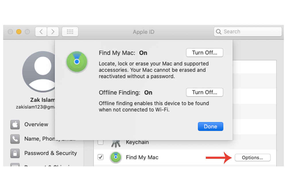 The Offline Finding feature for Find My Mac on Mac.