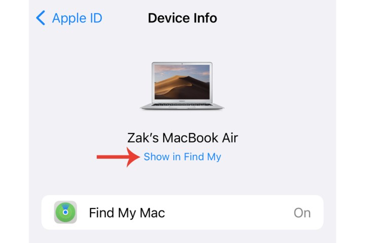 The Show in Find My button on iPhone.