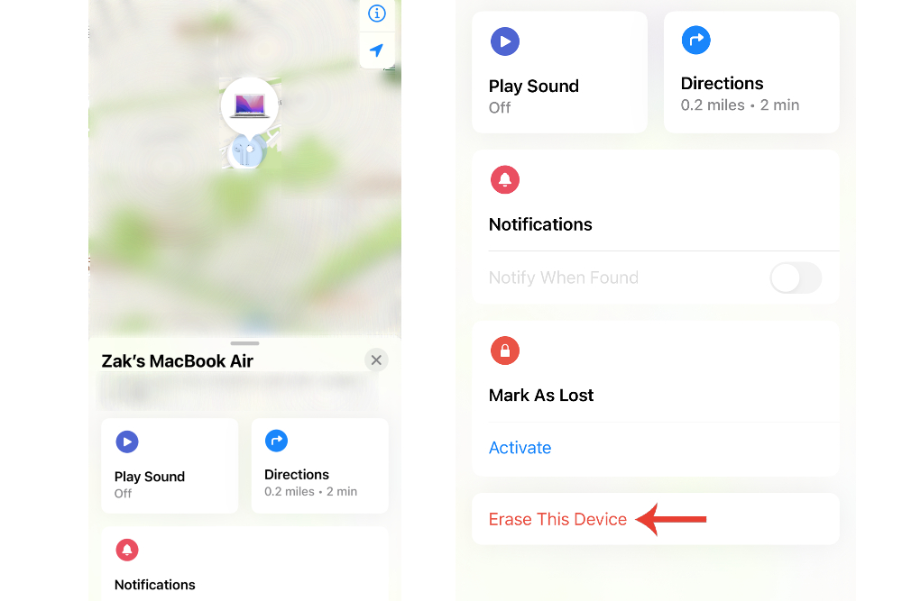A ferramenta Find My no iPhone mostrando a localização de um MacBook.