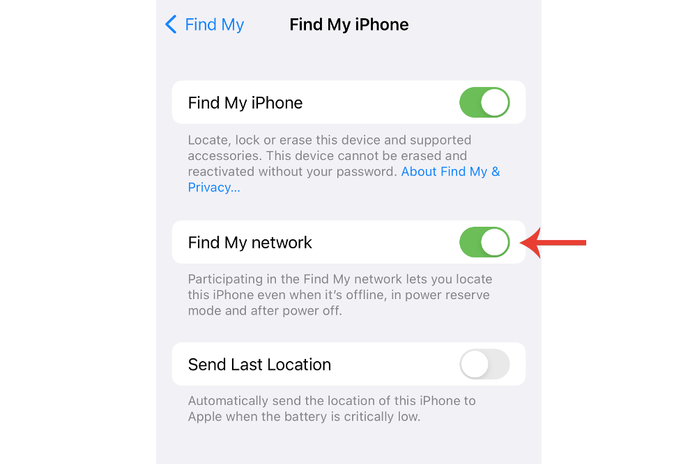 The Find My network button on iPhone to enable the offline searching function for lost Apple devices.