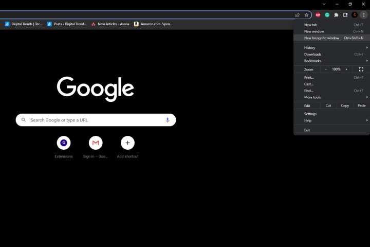 Captura de pantalla de cómo abrir una ventana de incógnito en Chrome.