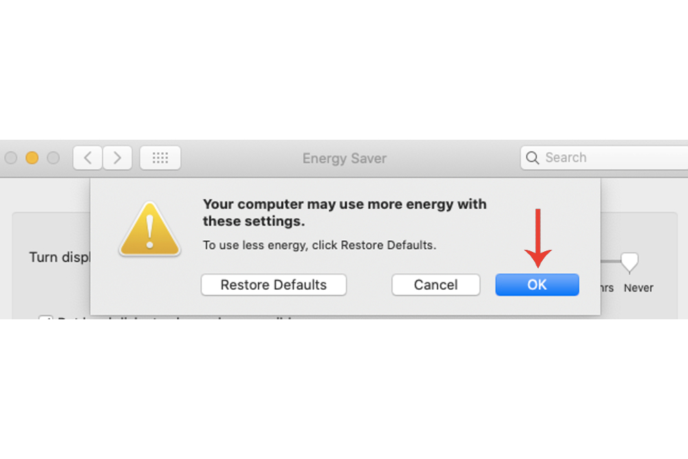 The warning window for turning off the timer for turning the Mac’s display off after a specific time period. 