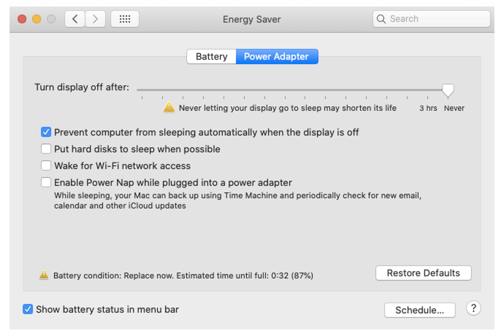 Additional settings for the Power Adapter tab on MacBook’s Energy Saver feature.