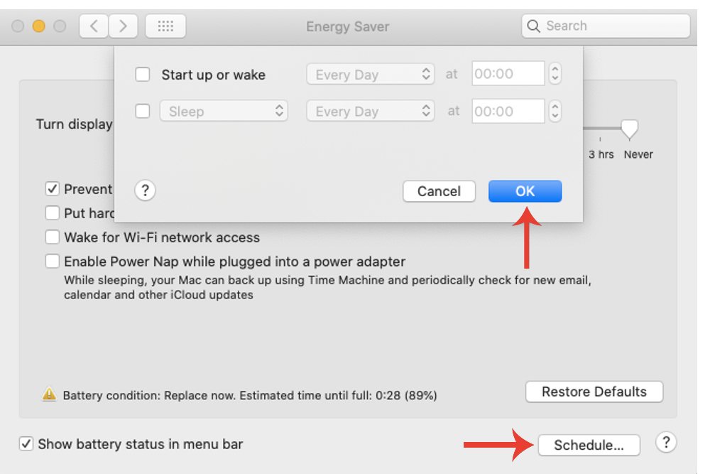Desativando o recurso Agendar nas configurações de Economia de energia no MacBook.