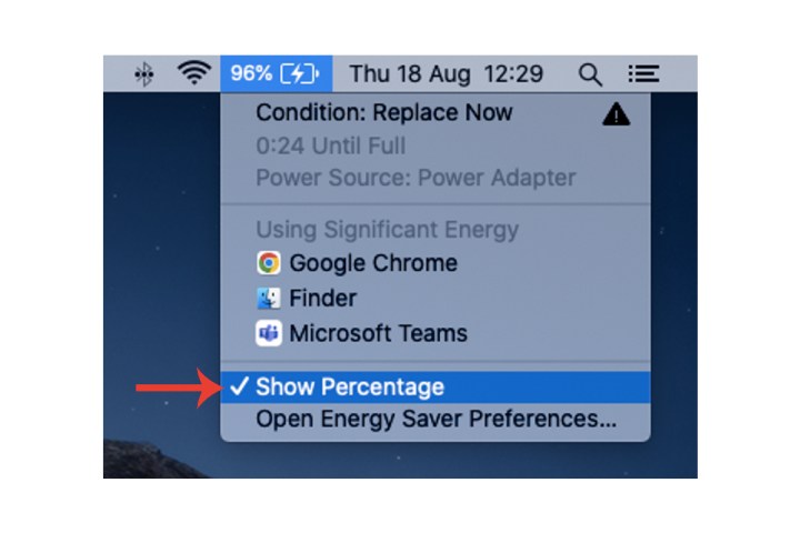 The Show Percentage option for the Mac's battery.