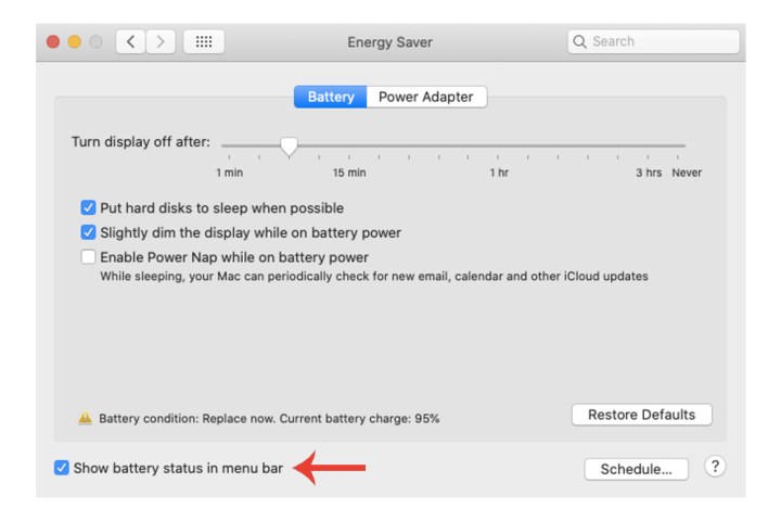 Opsi Tampilkan status baterai untuk Mac.