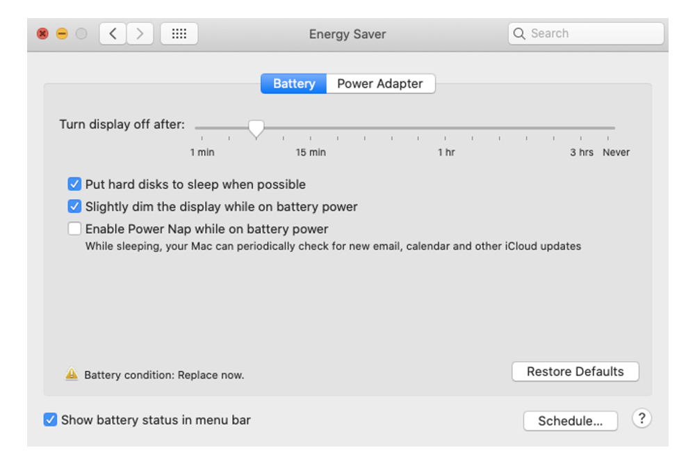As opções de Economia de Energia da Bateria no Mac.