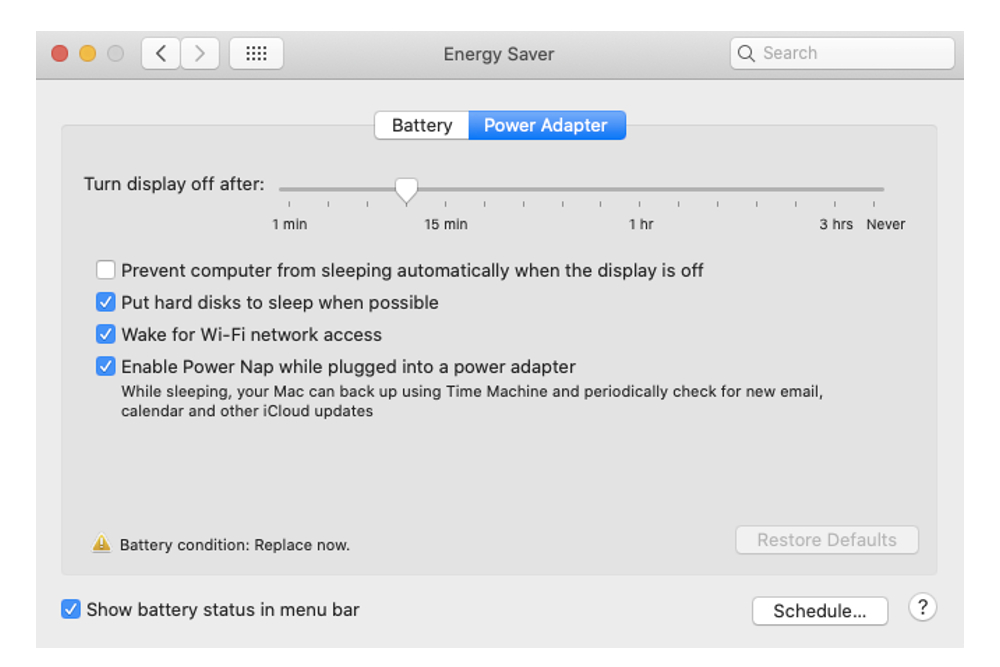 As opções de economia de energia do adaptador de energia no Mac.