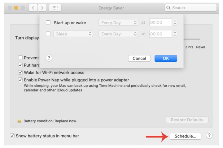 دکمه Schedule برای گزینه های صرفه جویی در انرژی Mac.