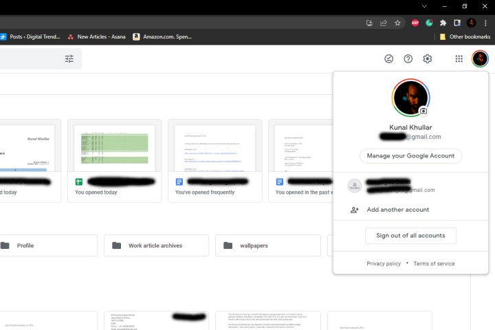 Captura de pantalla de cuentas de Google iniciadas en Google Drive.