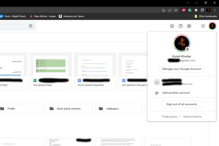 Screenshot of Google accounts signed into Google Drive.