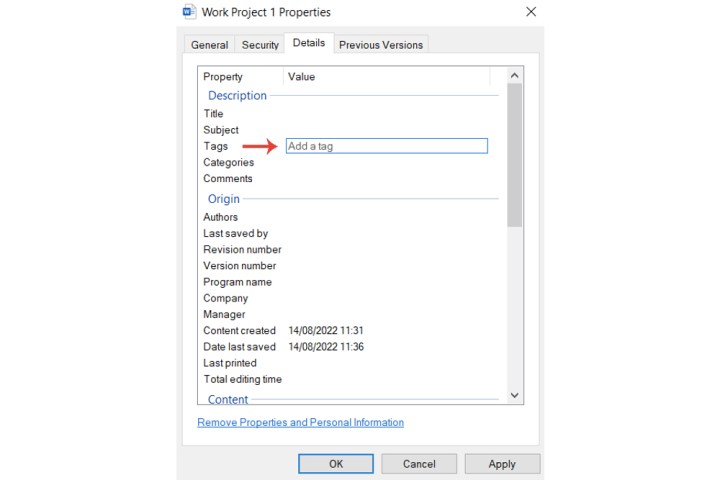 تب File Labels در ویندوز 10.