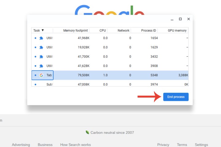 دکمه پایان فرآیند در Task Manager Chromebook.